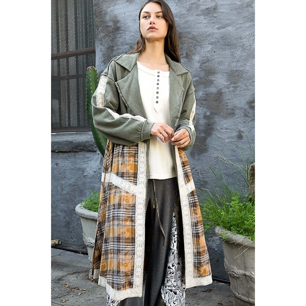 POL Olive Size Large Full Sleeve Lace Trim Detail Plaid Mix Open Jacket